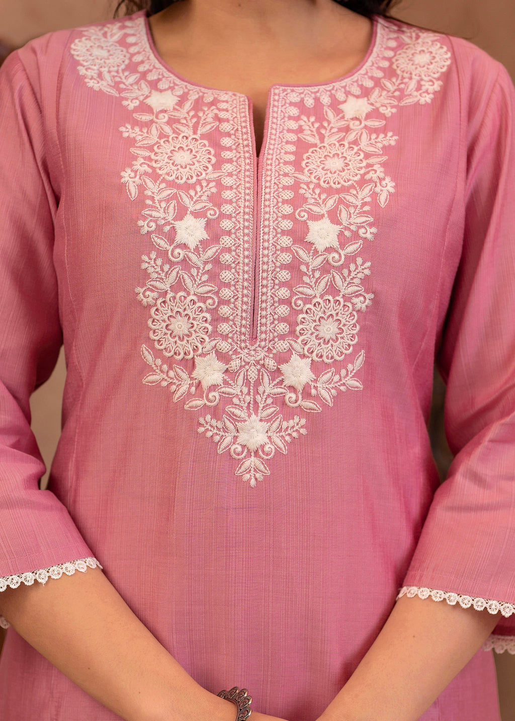 Juniper Pink Embroidered Viscose Kurta-Palazzo Set with Thread Work & Cotton Lace