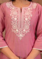 Juniper Pink Embroidered Viscose Kurta-Palazzo Set with Thread Work & Cotton Lace