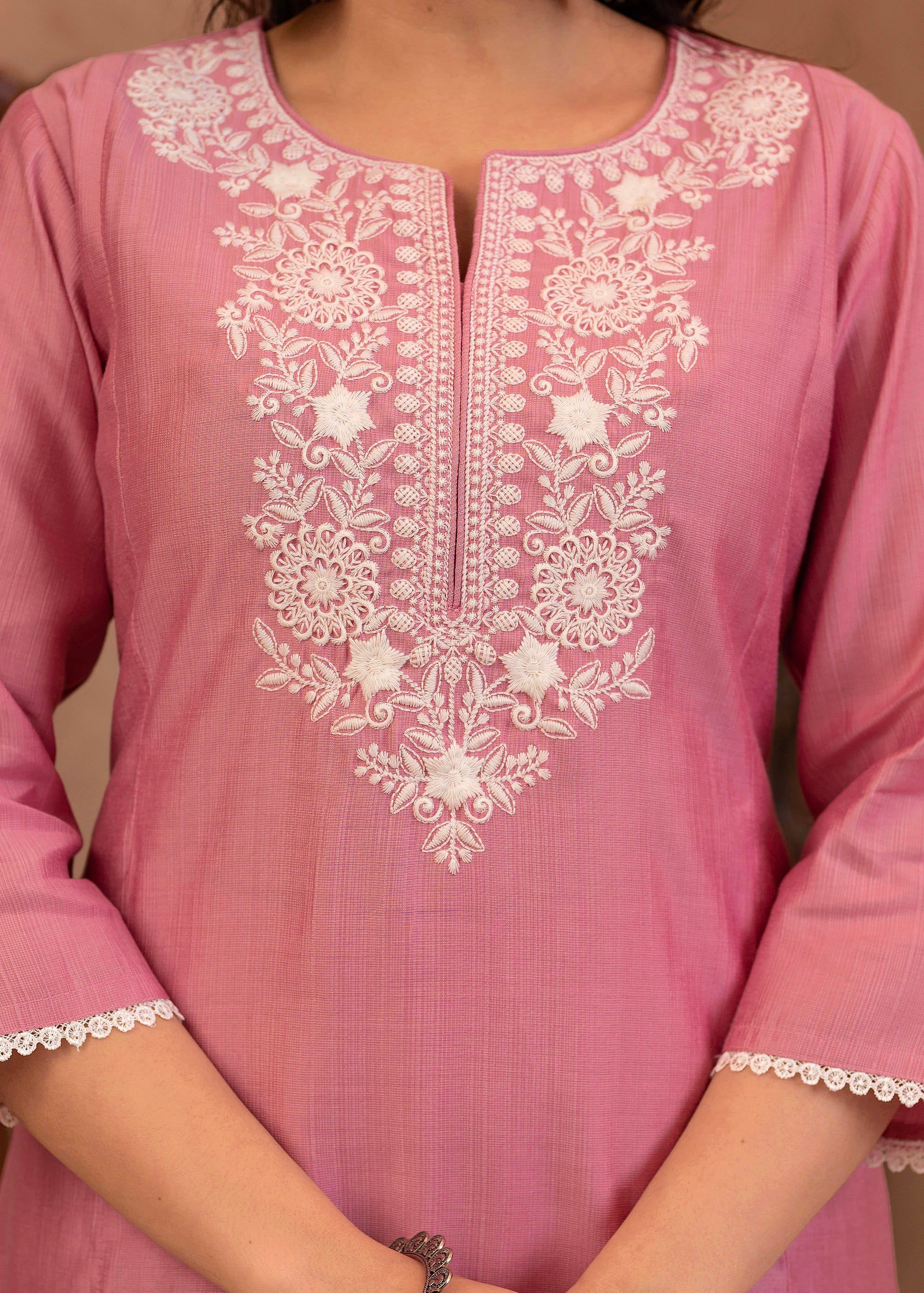 Juniper Pink Embroidered Viscose Kurta-Palazzo Set with Thread Work & Cotton Lace