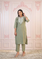 Juniper Sage Green Embroidered Viscose Kurta-Palazzo Set with Thread Work & Cotton Lace