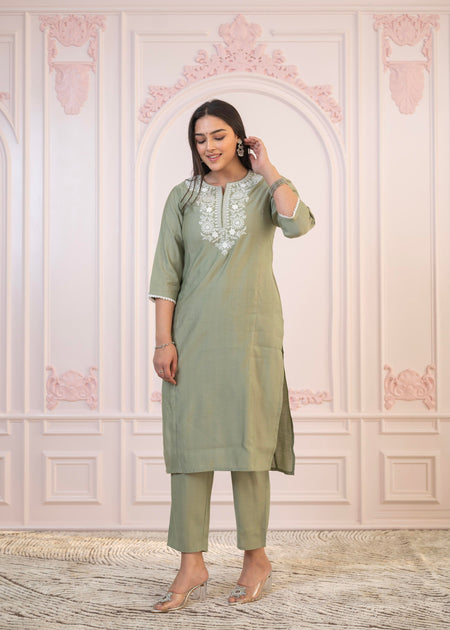 Juniper Sage Green Embroidered Viscose Kurta-Palazzo Set with Thread Work & Cotton Lace