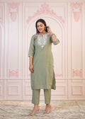 Juniper Sage Green Embroidered Viscose Kurta-Palazzo Set With Thread Work & Cotton Lace - Distacart