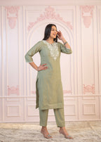 Juniper Sage Green Embroidered Viscose Kurta-Palazzo Set With Thread Work & Cotton Lace - Distacart