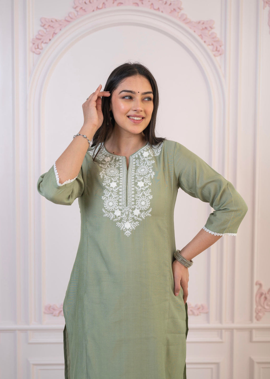 Juniper Sage Green Embroidered Viscose Kurta-Palazzo Set with Thread Work & Cotton Lace