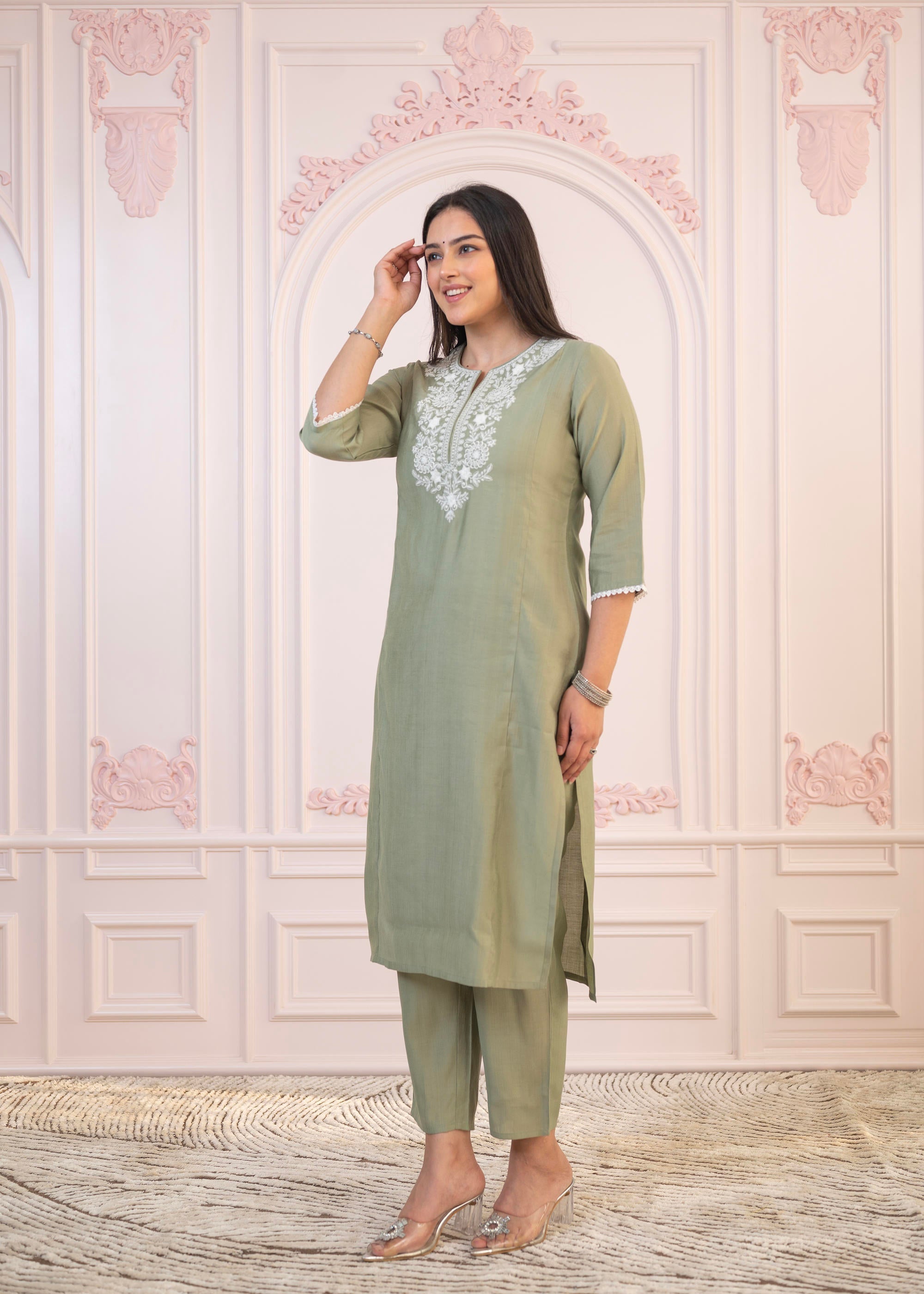 Juniper Sage Green Embroidered Viscose Kurta-Palazzo Set with Thread Work & Cotton Lace