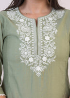 Juniper Sage Green Embroidered Viscose Kurta-Palazzo Set with Thread Work & Cotton Lace