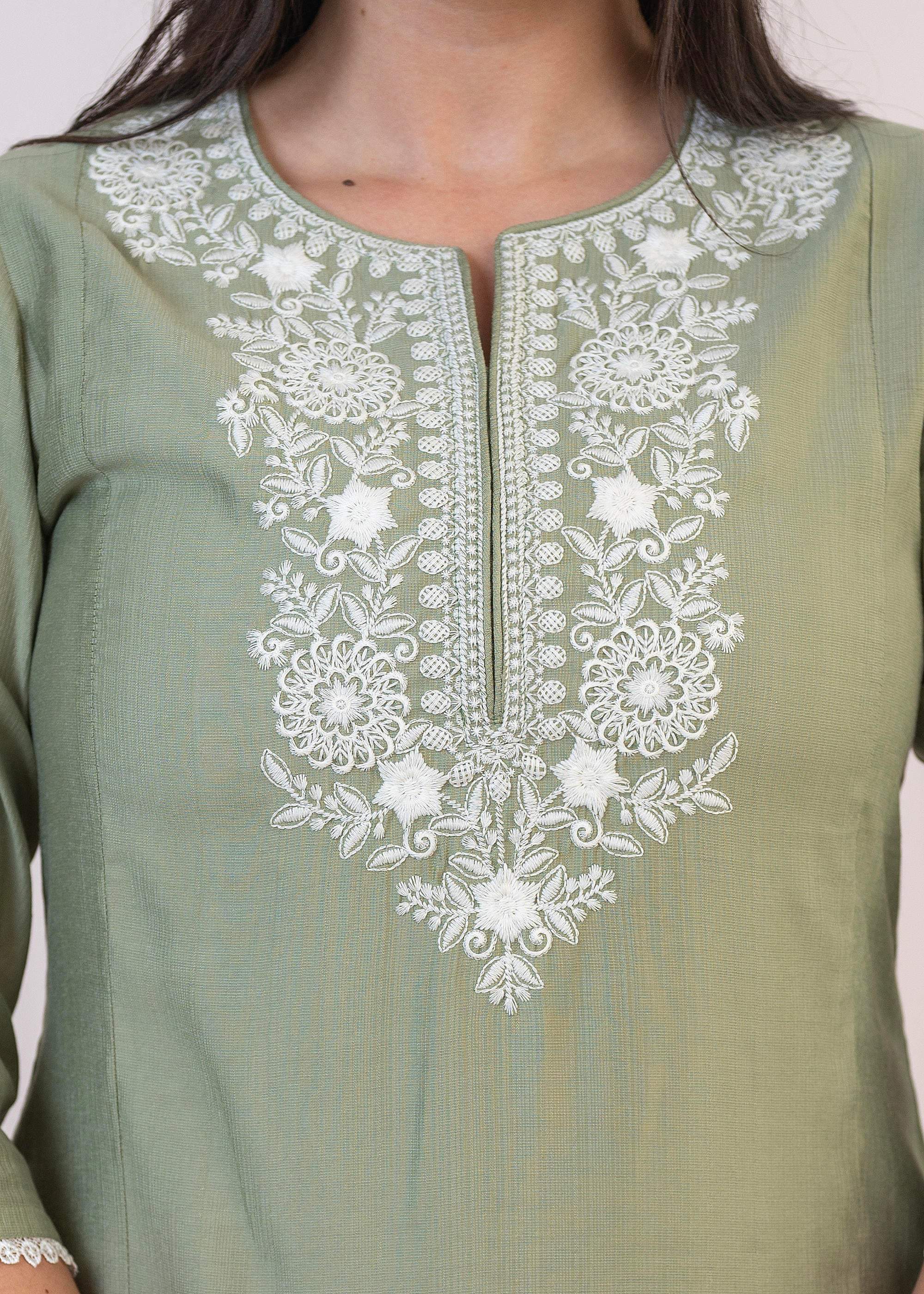 Juniper Sage Green Embroidered Viscose Kurta-Palazzo Set with Thread Work & Cotton Lace