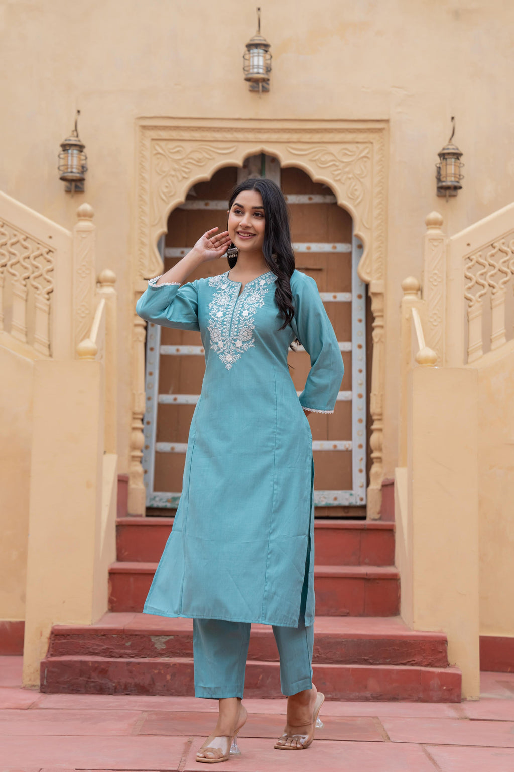 Juniper Turquoise Solid Viscose Kurta & Pant Set With Thread Work & Lace - Distacart