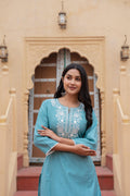 Juniper Turquoise Solid Viscose Kurta & Pant Set With Thread Work & Lace - Distacart