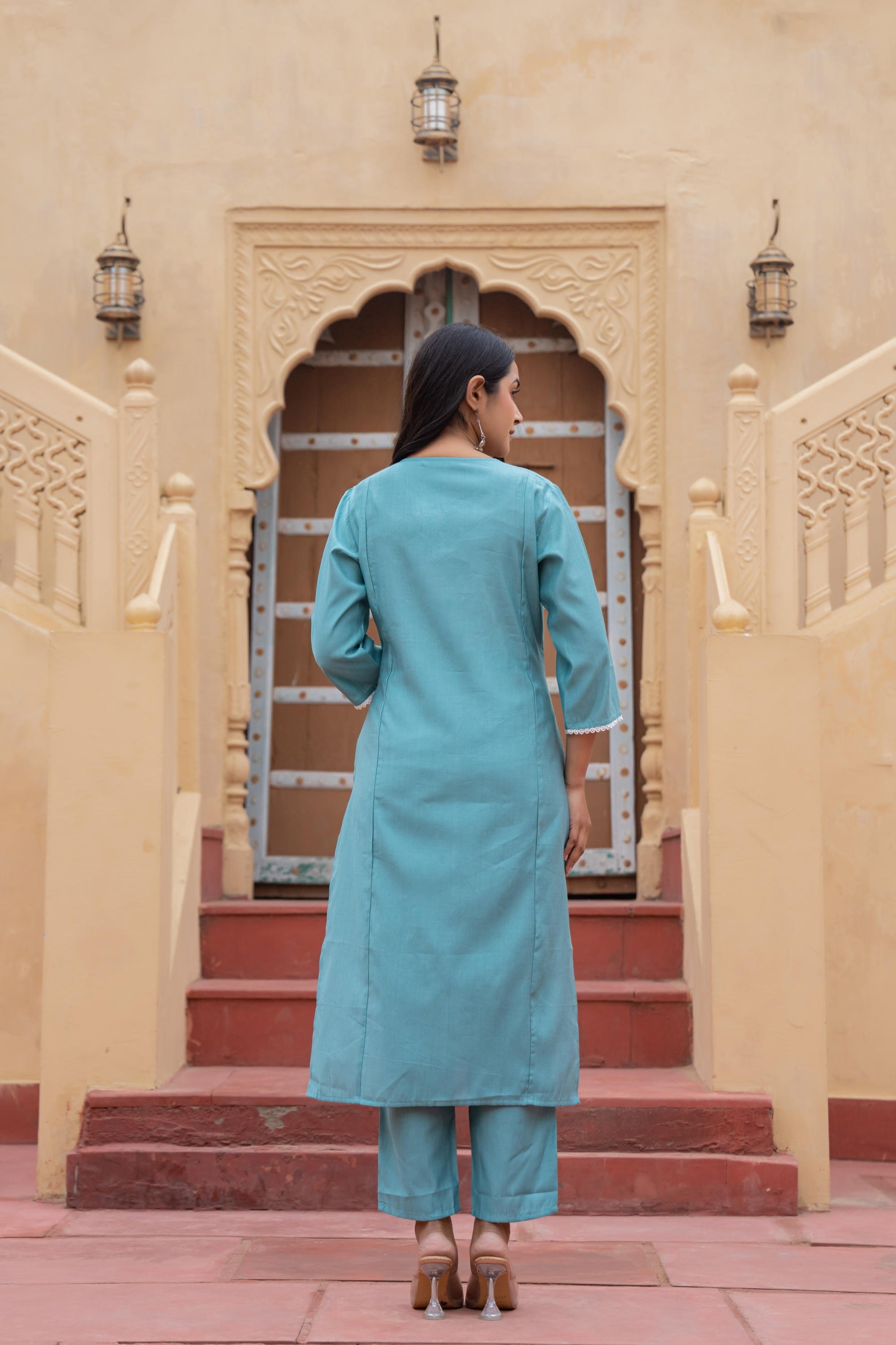 Juniper Turquoise Solid Viscose Kurta & Pant Set With Thread Work & Lace - Distacart