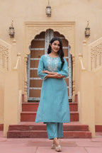 Juniper Turquoise Solid Viscose Kurta & Pant Set With Thread Work & Lace - Distacart