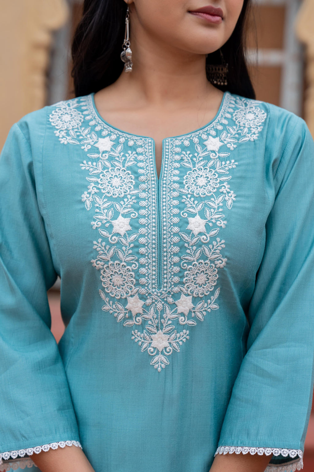Juniper Turquoise Solid Viscose Kurta & Pant Set With Thread Work & Lace - Distacart