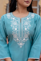 Juniper Turquoise Solid Viscose Kurta & Pant Set With Thread Work & Lace - Distacart