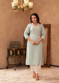 Juniper Aqua Viscose Kurta & Pant Set With Thread Work & Lace - Distacart