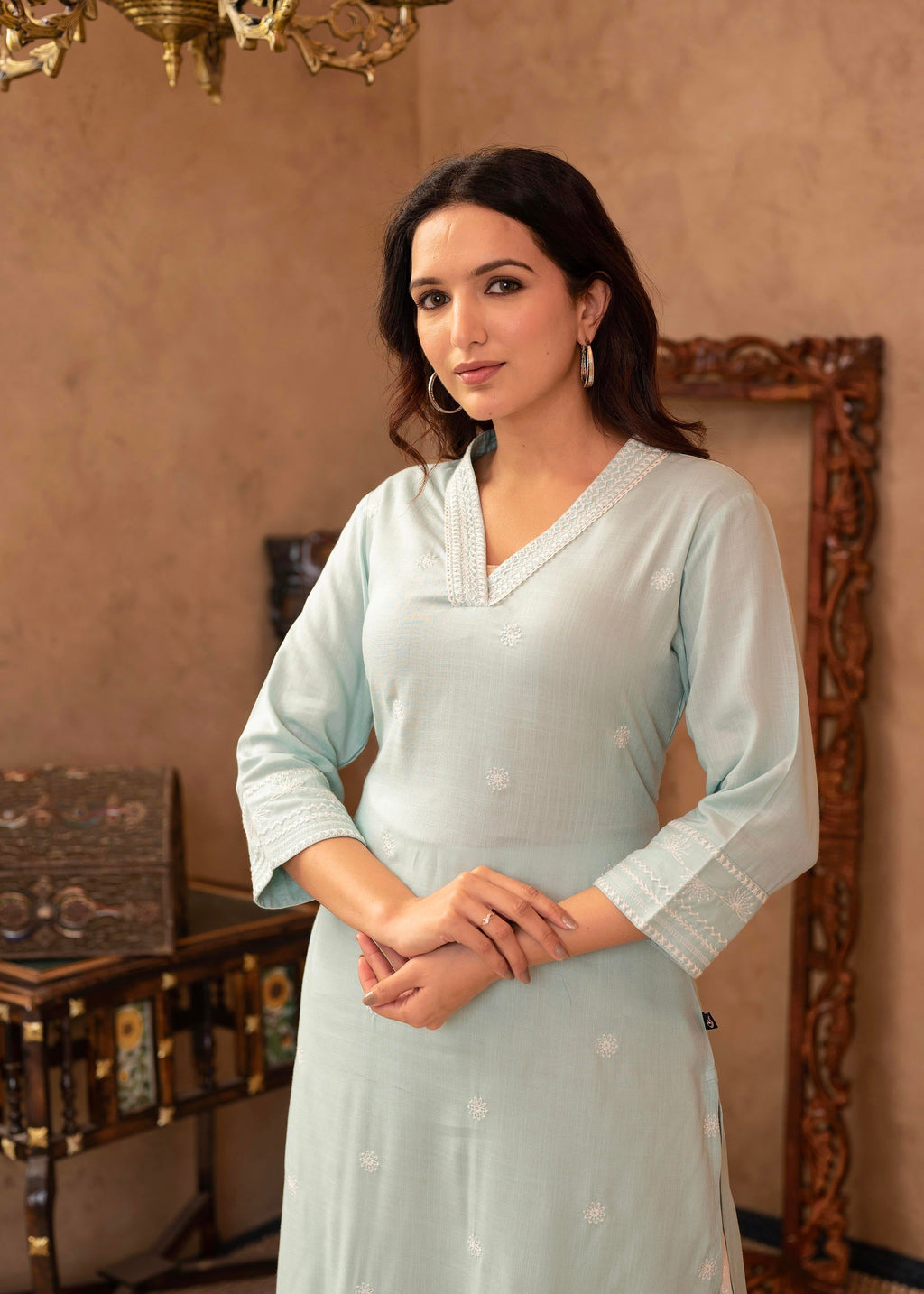 Juniper Aqua Viscose Kurta & Pant Set With Thread Work & Lace - Distacart