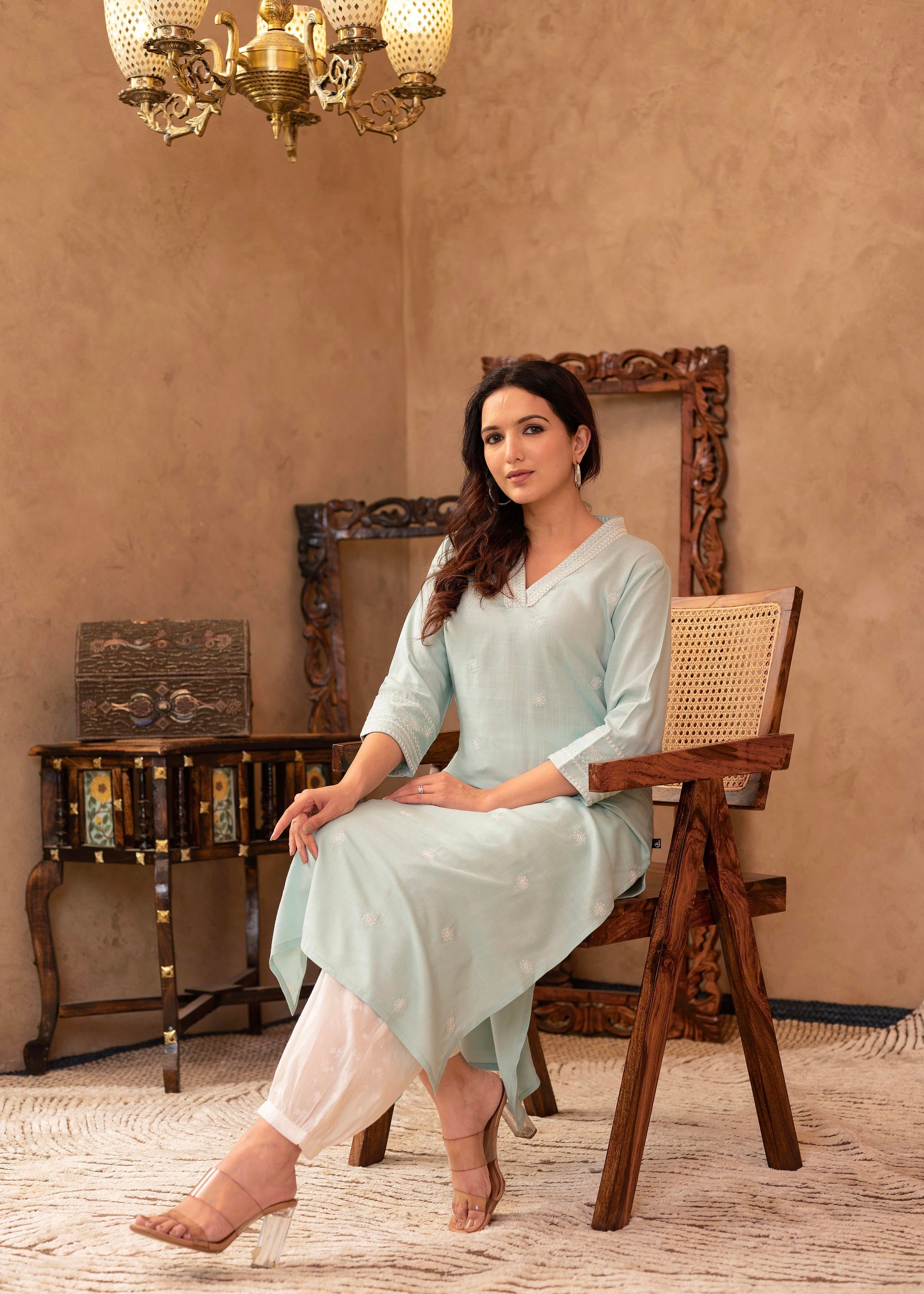 Juniper Aqua Viscose Kurta & Pant Set With Thread Work & Lace - Distacart