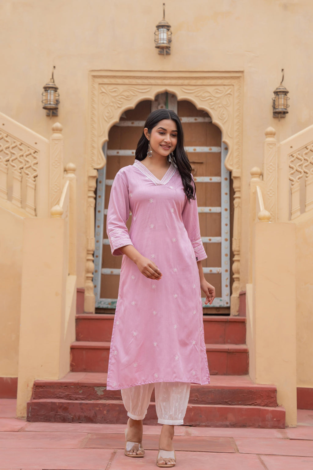 Juniper Pink Embroidered Viscose Kurta With Printed Cotton Pant - Distacart