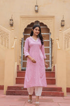 Juniper Pink Embroidered Viscose Kurta With Printed Cotton Pant - Distacart