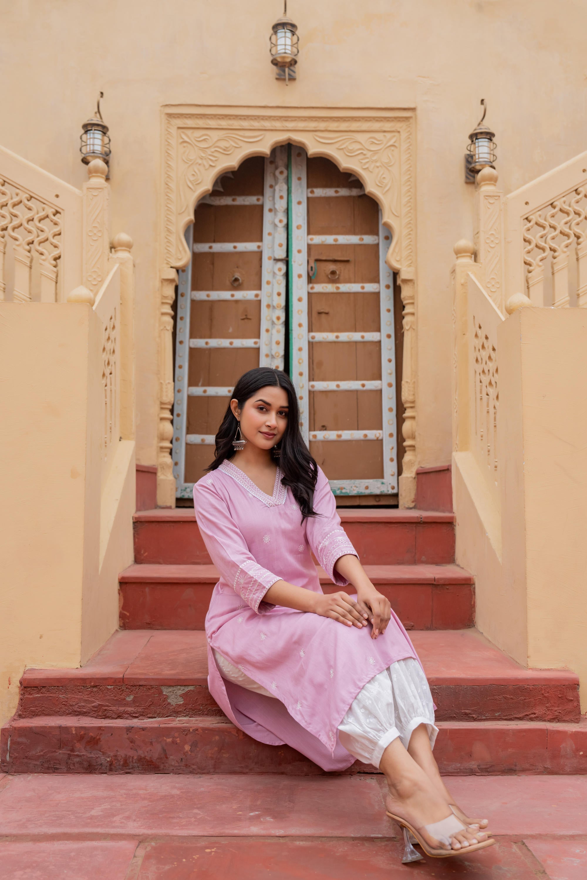 Juniper Pink Embroidered Viscose Kurta With Printed Cotton Pant - Distacart