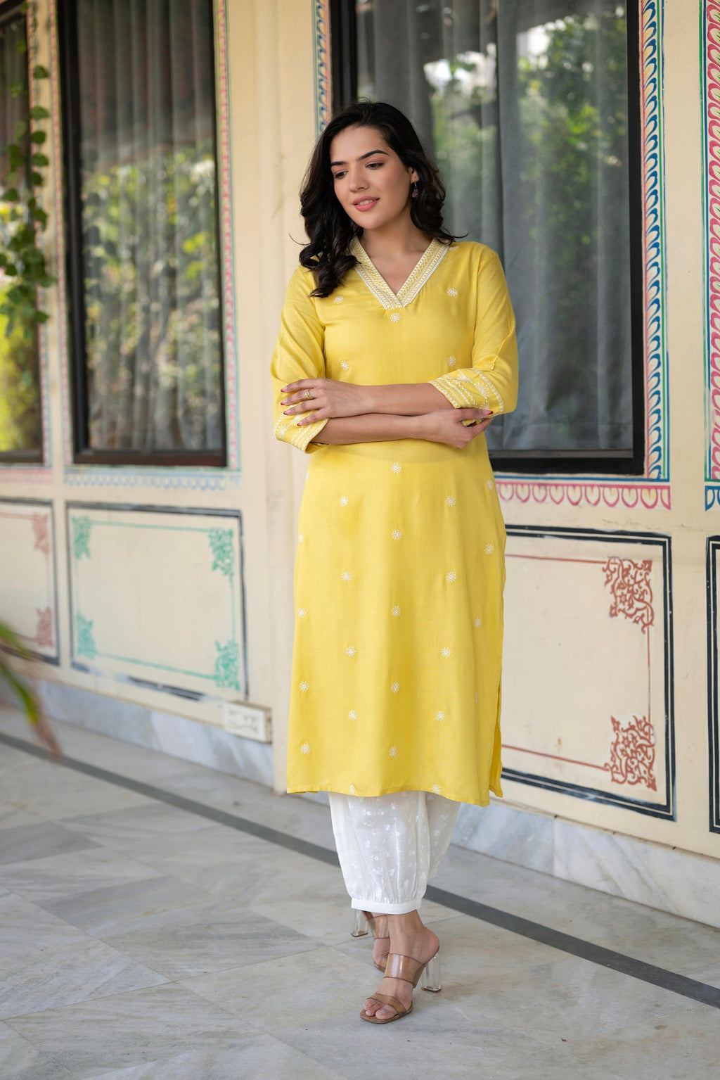 Juniper Yellow Embroidered Viscose Kurta With Printed Cotton Pant - Distacart