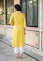 Juniper Yellow Embroidered Viscose Kurta With Printed Cotton Pant - Distacart