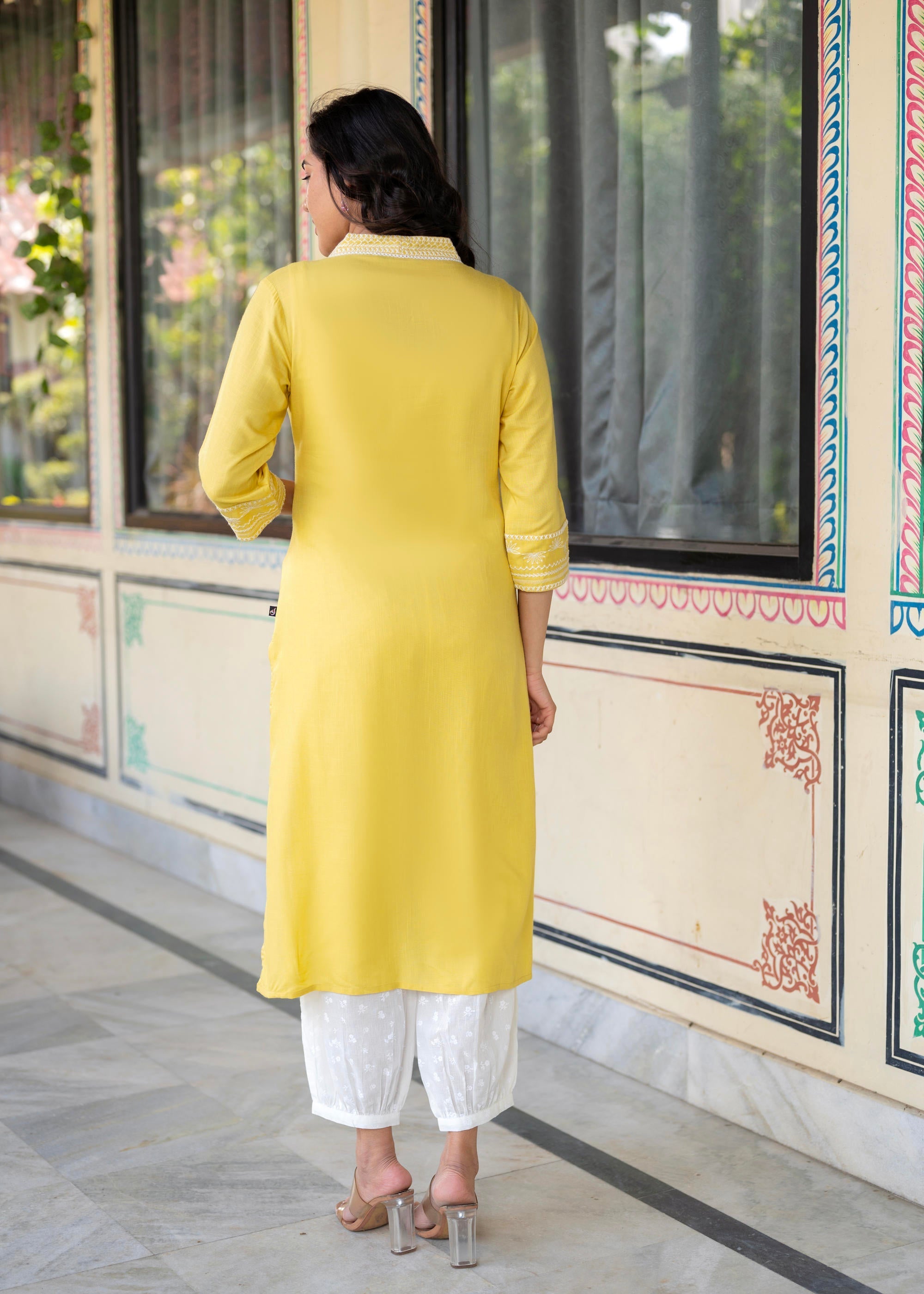 Juniper Yellow Embroidered Viscose Kurta With Printed Cotton Pant - Distacart