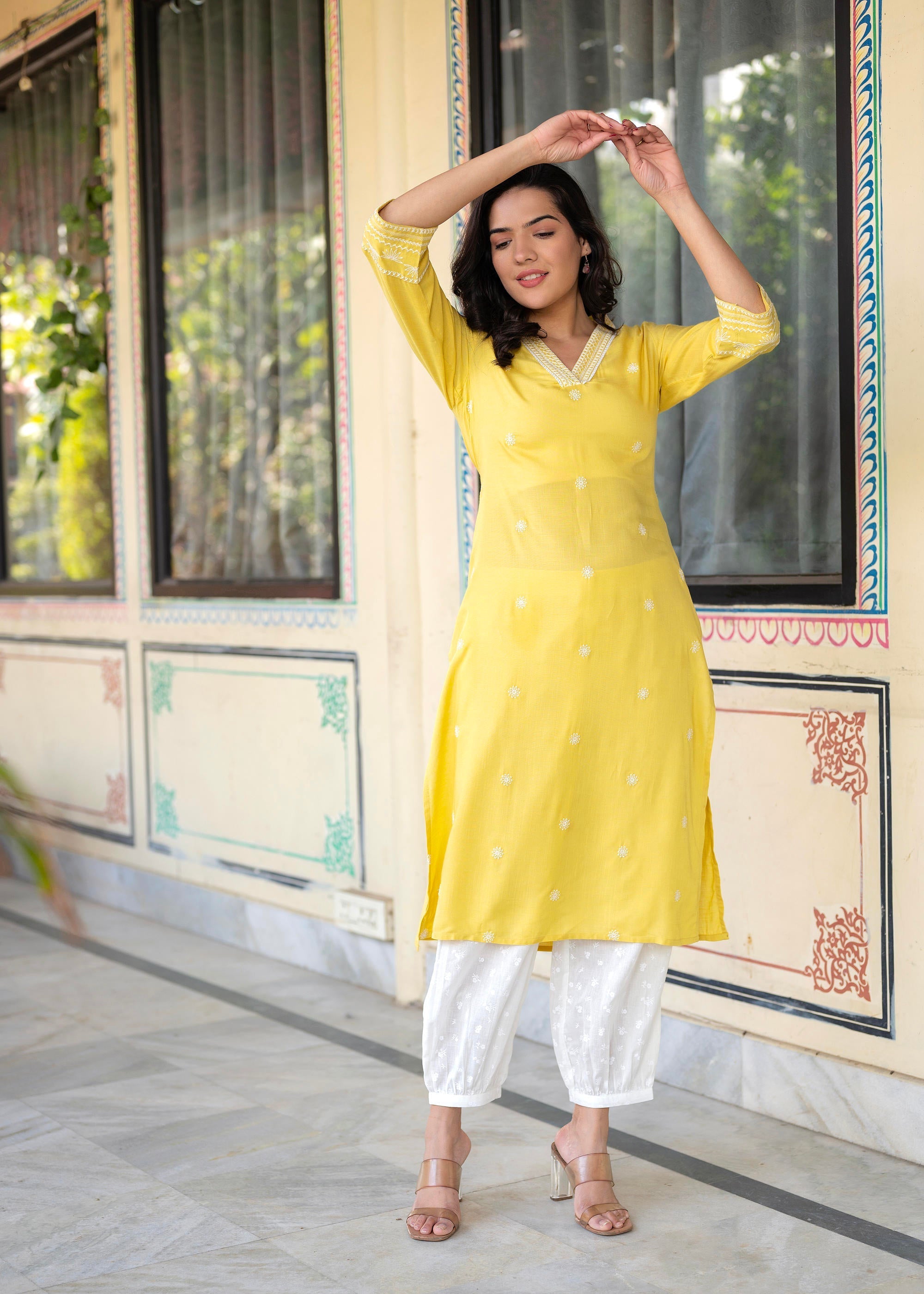 Juniper Yellow Embroidered Viscose Kurta With Printed Cotton Pant - Distacart