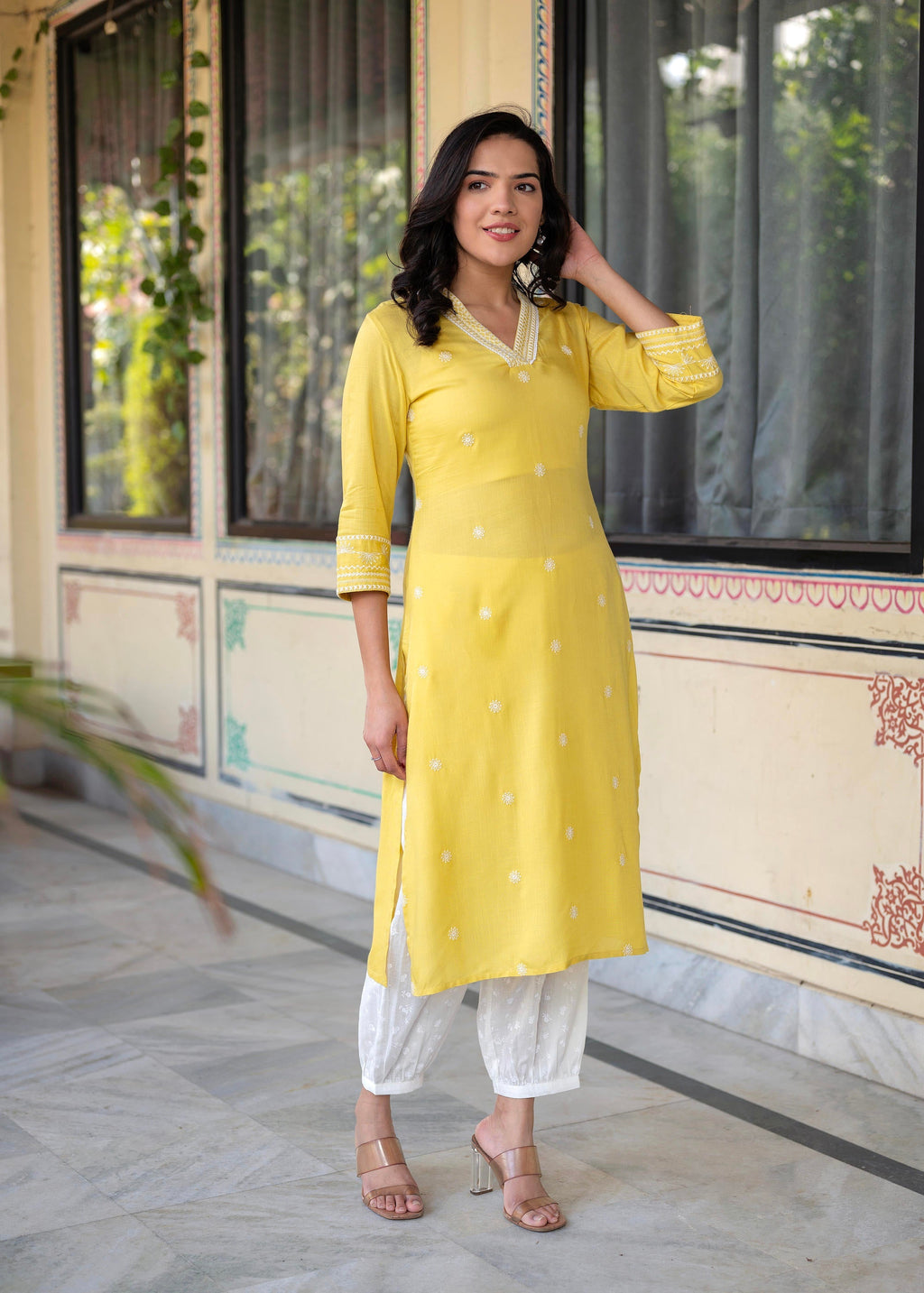 Juniper Yellow Embroidered Viscose Kurta With Printed Cotton Pant - Distacart