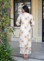 Juniper Ivory Floral Viscose Kurta With Printed Cotton Pant & Button Details - Distacart