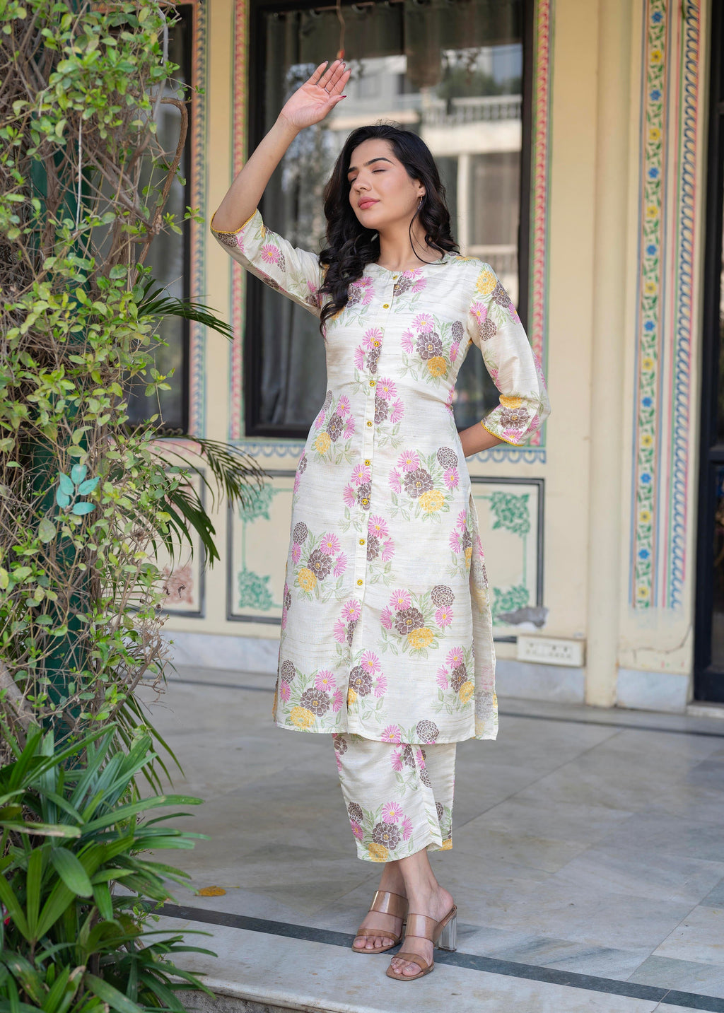 Juniper Ivory Floral Viscose Kurta With Printed Cotton Pant & Button Details - Distacart