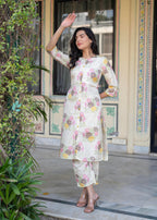 Juniper Ivory Floral Viscose Kurta With Printed Cotton Pant & Button Details - Distacart