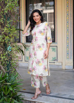 Juniper Ivory Floral Viscose Kurta With Printed Cotton Pant & Button Details - Distacart