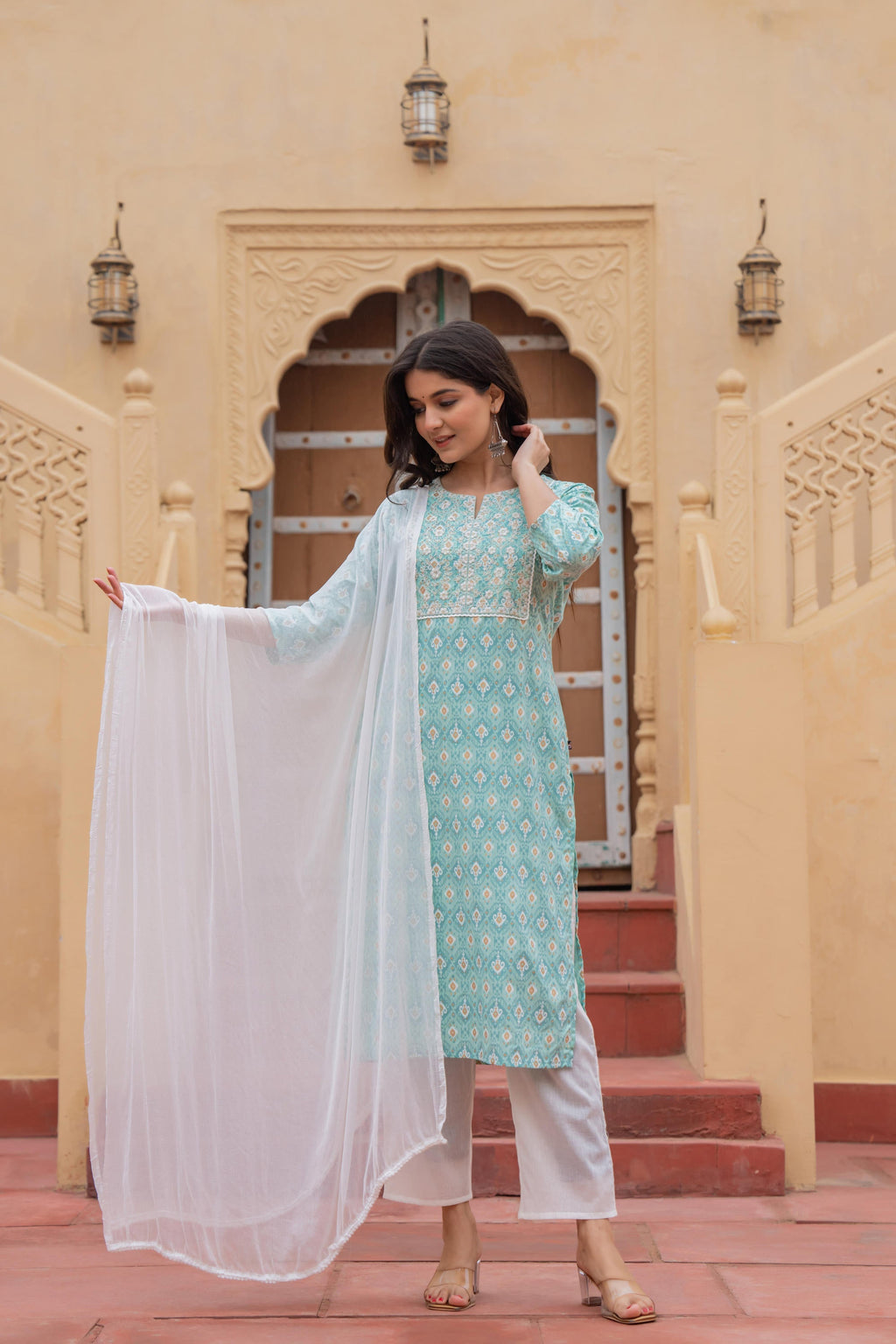 Juniper Light Blue Ethnic Motif Printed Viscose Kurta Set With Sequin & Thread Work - Distacart