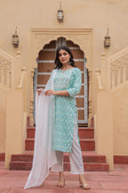 Juniper Light Blue Ethnic Motif Printed Viscose Kurta Set With Sequin & Thread Work - Distacart