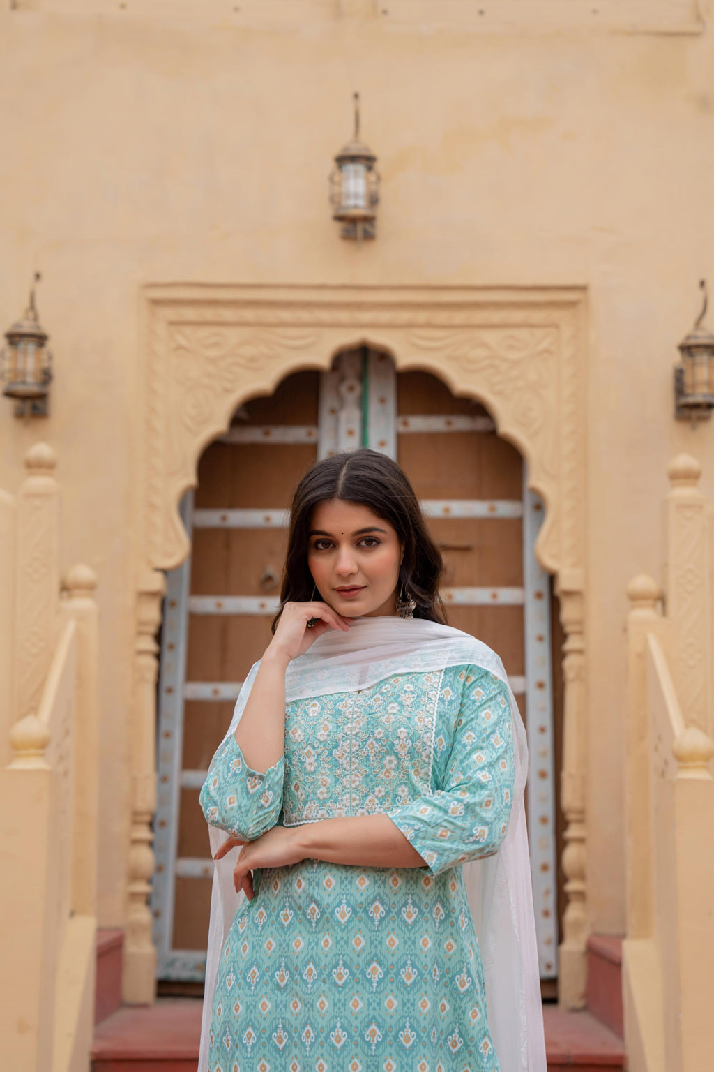 Juniper Light Blue Ethnic Motif Printed Viscose Kurta Set With Sequin & Thread Work - Distacart