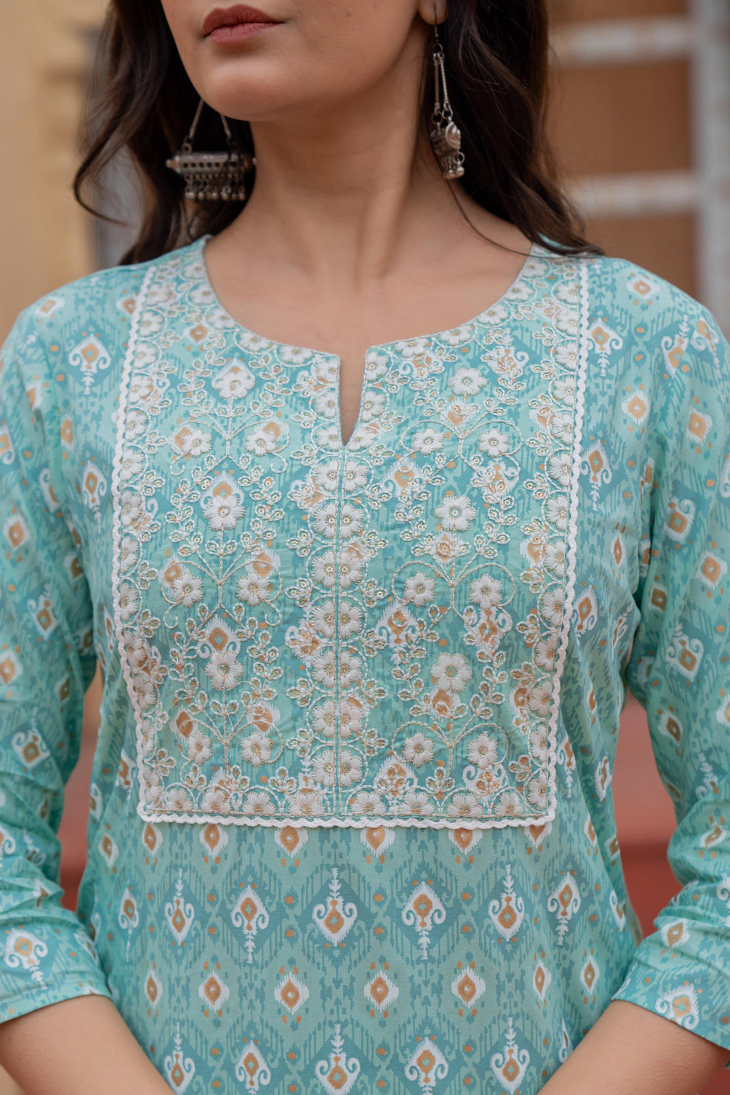 Juniper Light Blue Ethnic Motif Printed Viscose Kurta Set With Sequin & Thread Work - Distacart