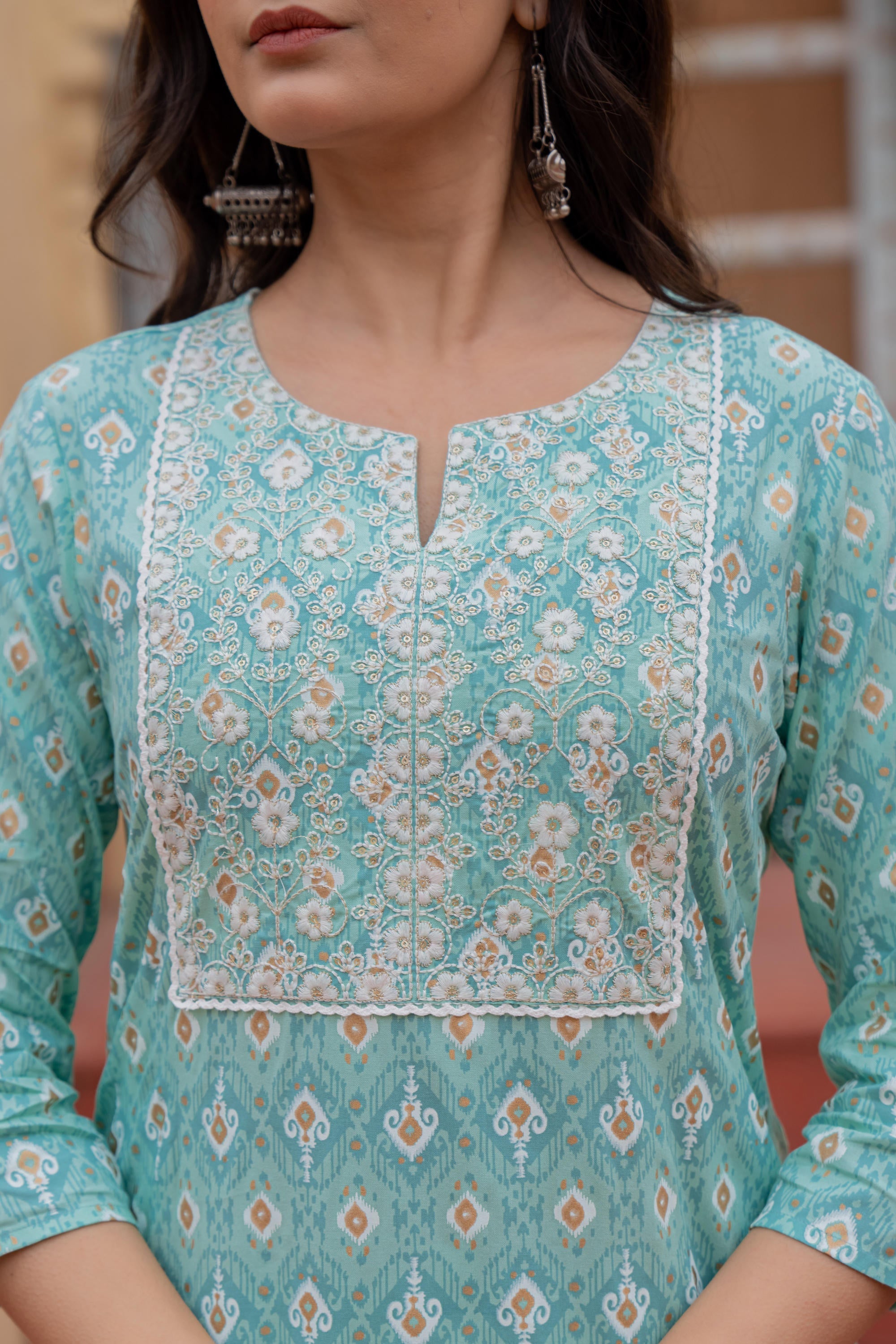 Juniper Light Blue Ethnic Motif Printed Viscose Kurta Set With Sequin & Thread Work - Distacart