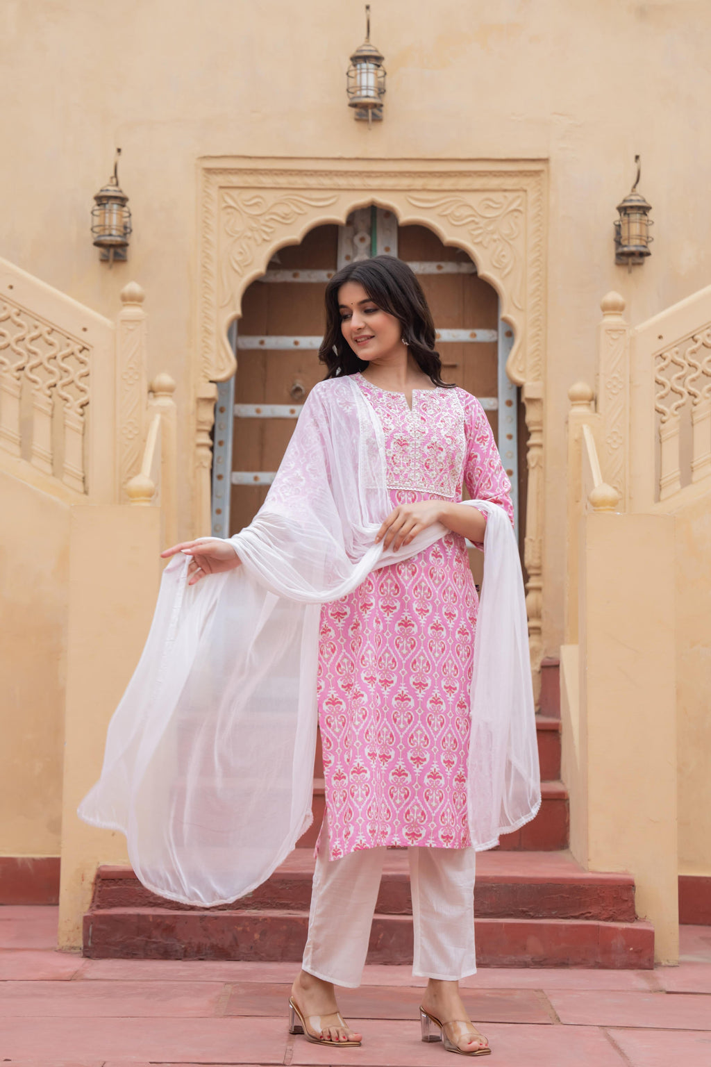 Juniper Pink Ethnic Motif Printed Viscose Kurta Set With Sequin & Thread Work - Distacart