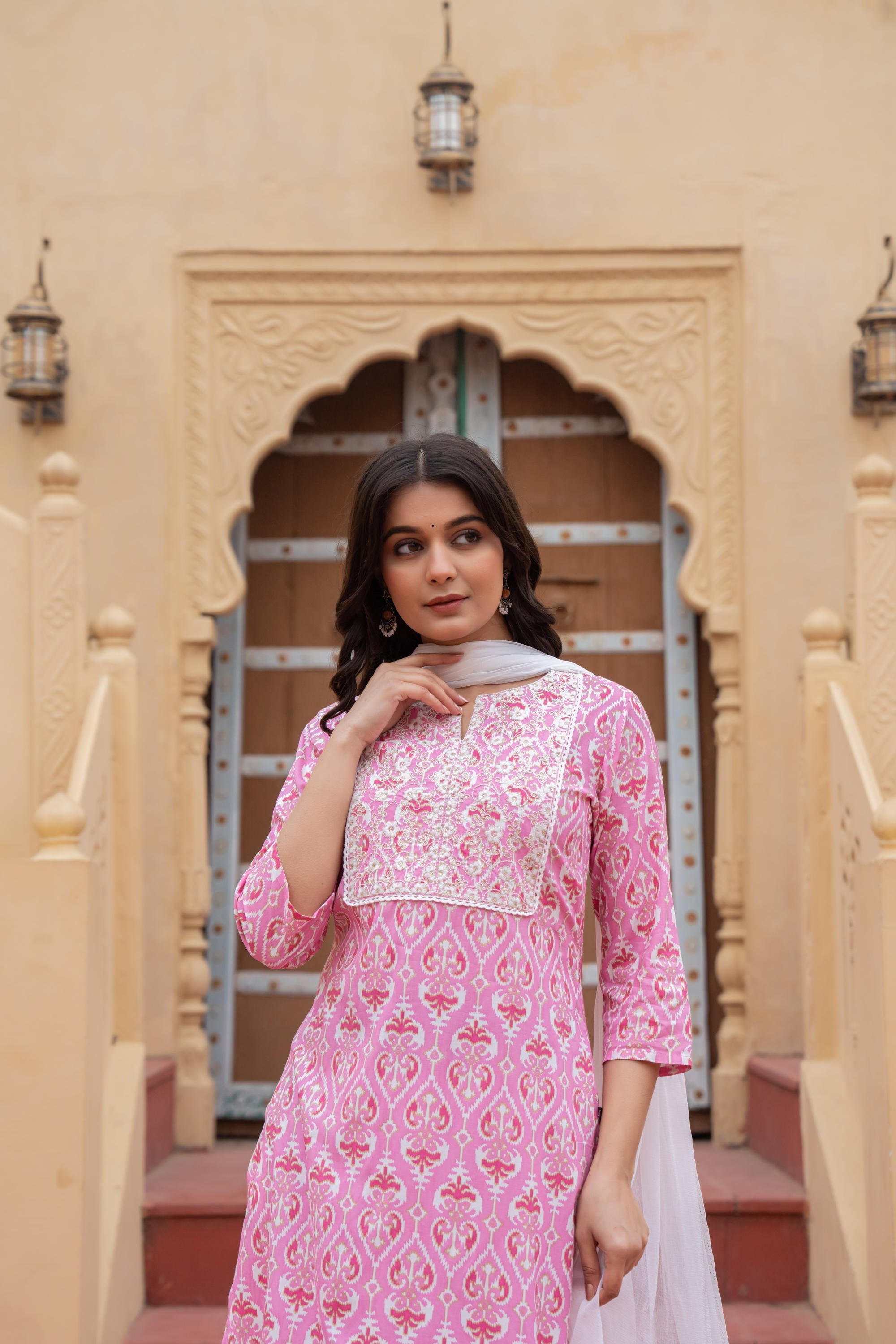 Juniper Pink Ethnic Motif Printed Viscose Kurta Set With Sequin & Thread Work - Distacart