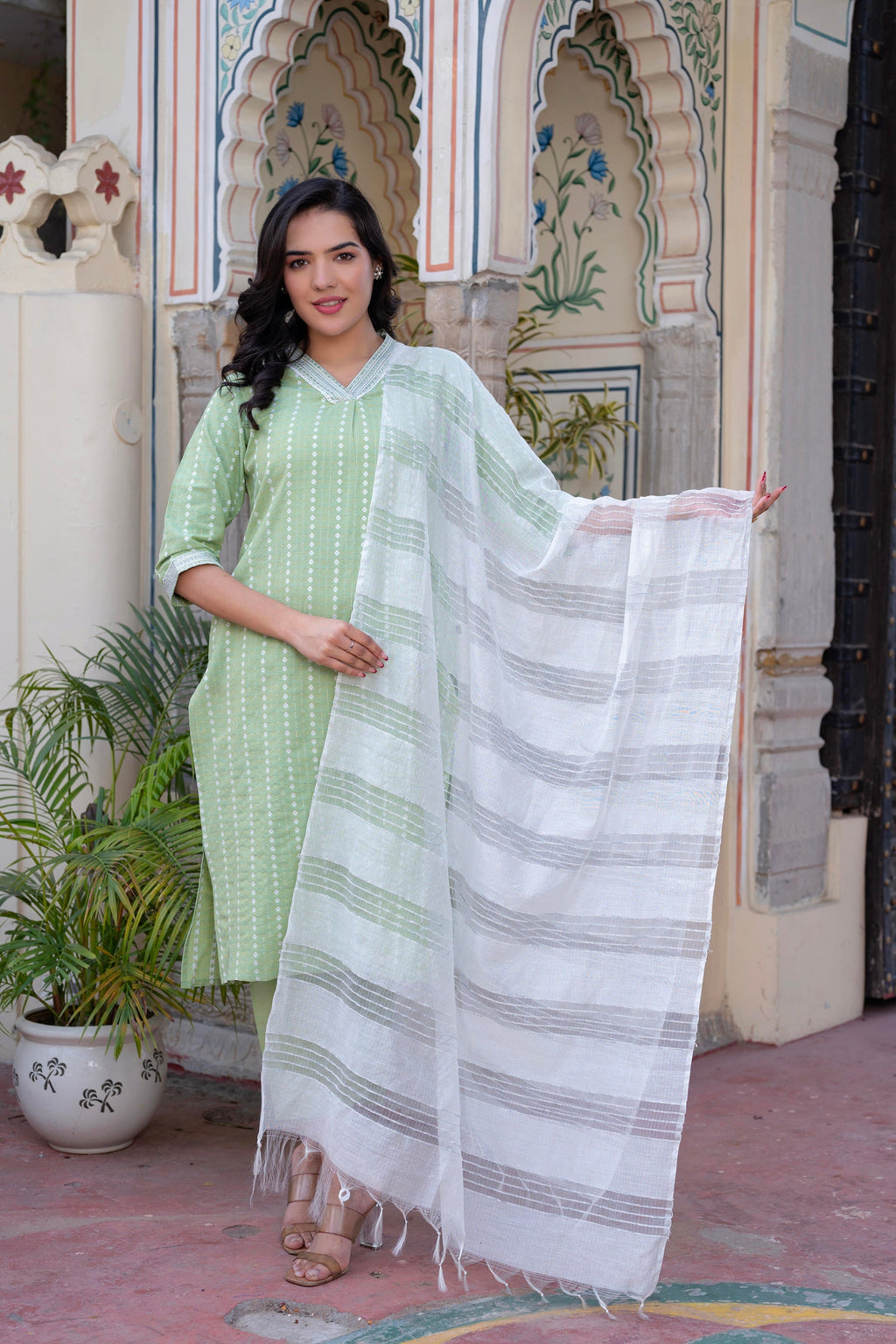 Juniper Sage Green Brocade Kurta-Pant & Dupatta Set With Sequins - Distacart