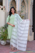 Juniper Sage Green Brocade Kurta-Pant & Dupatta Set With Sequins - Distacart