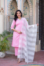 Juniper Pink Brocade Kurta-Pant & Dupatta Set With Sequins & Tassels - Distacart