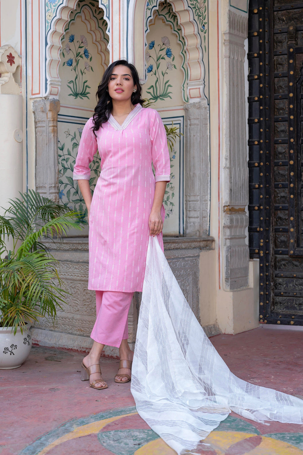 Juniper Pink Brocade Kurta-Pant & Dupatta Set With Sequins & Tassels - Distacart