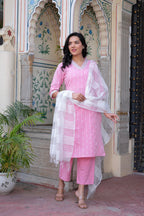 Juniper Pink Brocade Kurta-Pant & Dupatta Set With Sequins & Tassels - Distacart