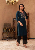 Juniper Dark Green Straight Kurta With Geometric Embroidered Yoke - Distacart
