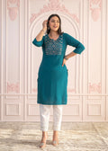 Juniper Teal Straight Kurta Set With Geometric Embroidered Yoke And White Pants - Distacart