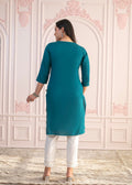Juniper Teal Straight Kurta Set with Geometric Embroidered Yoke and White Pants - Distacart