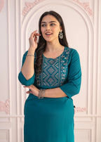 Juniper Teal Straight Kurta Set with Geometric Embroidered Yoke and White Pants - Distacart