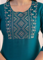 Juniper Teal Straight Kurta Set with Geometric Embroidered Yoke and White Pants - Distacart