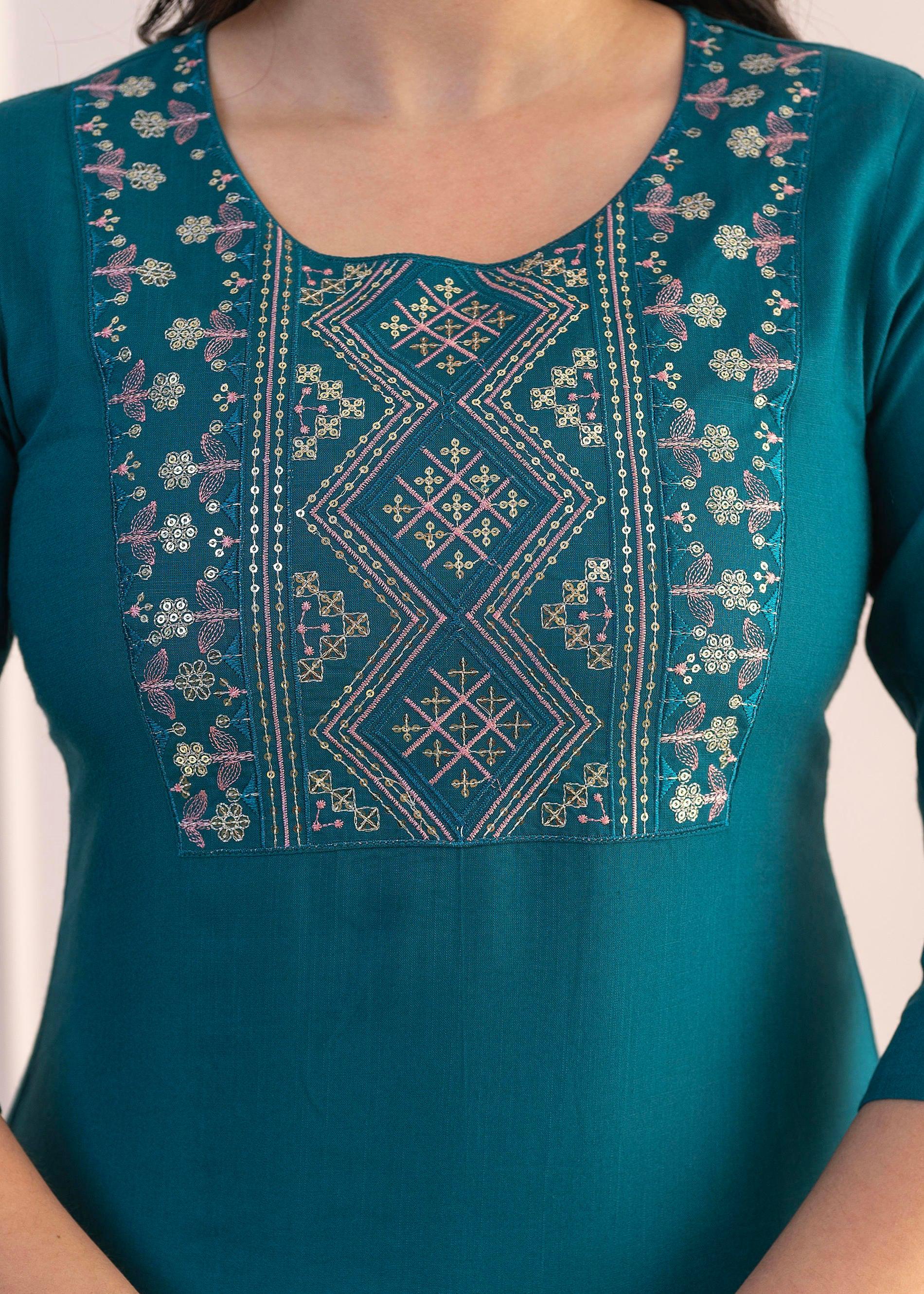 Juniper Teal Straight Kurta Set with Geometric Embroidered Yoke and White Pants - Distacart